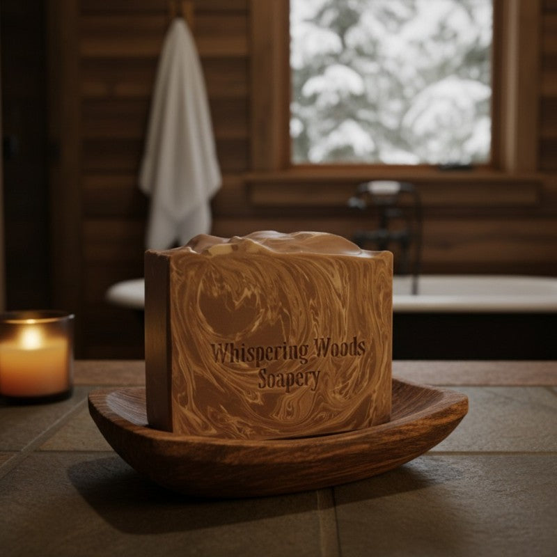 Bar of brown marbled soap with 'Whispering Woods Soapery' branding in a wooden dish on a stone surface in a cabin bathroom