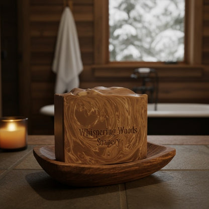 Bar of brown marbled soap with 'Whispering Woods Soapery' branding in a wooden dish on a stone surface in a cabin bathroom
