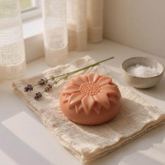 Rose clay sunflower-shaped facial soap on a towel with lavender and a small bowl in the background