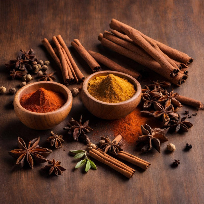 A wooden tabletop laden with bowls of spices like cinnamon and ginger and spice sticks like cloves