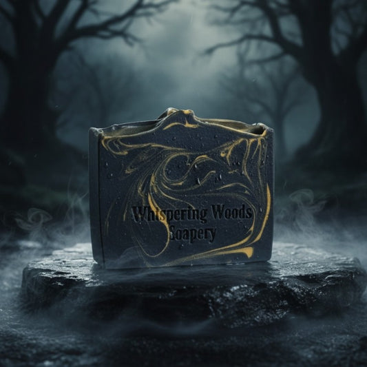 Bar of black soap with gold swirls, with 'Whispering Woods' branding, in a dark forest setting