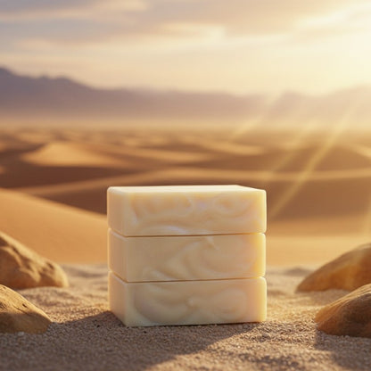 Three bars of cream-colored stacked soap in a desert setting