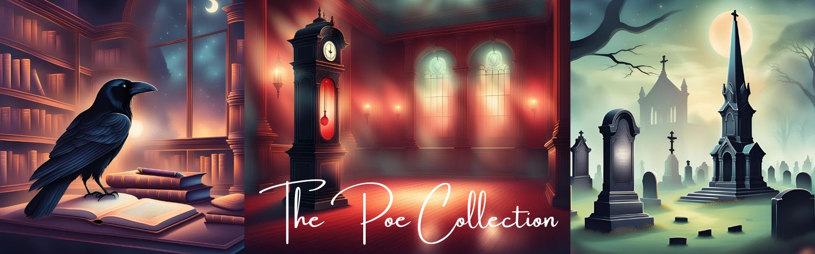 Three photos in one. L to R: A raven in a library, a grandfather clock in a red-tinged ballroom, and a cemetery with a full moon. The words say "The Poe Collection."