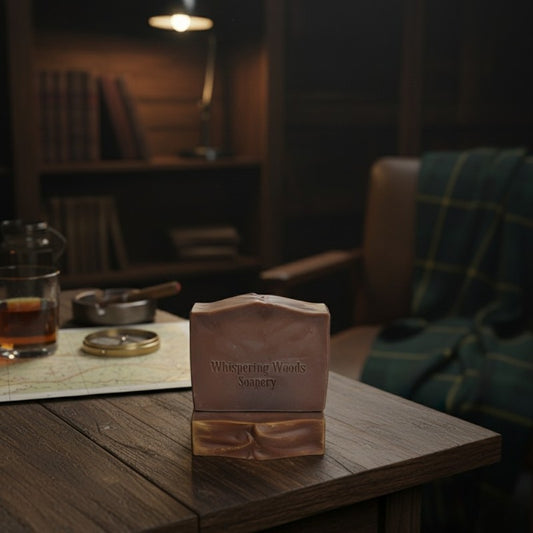 Bar of brown soap with 'Whispering Woods Soapery' branding on a wooden table in a cozy room.