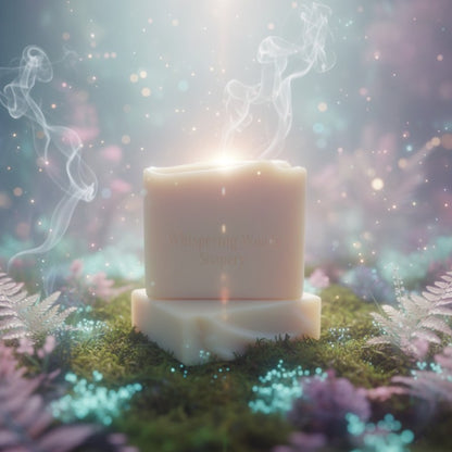 Bars of cream colored soap with 'Whispering Woods' branding on a grassy background with magical smoke and lights