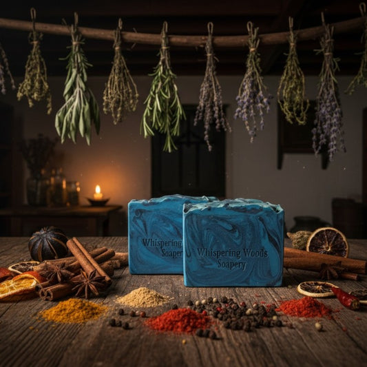 Two blue soap bars on a wooden surface with herbs and spices in the background