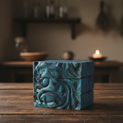 Stack of blue and black swirled soaps on a wooden surface with a blurred background