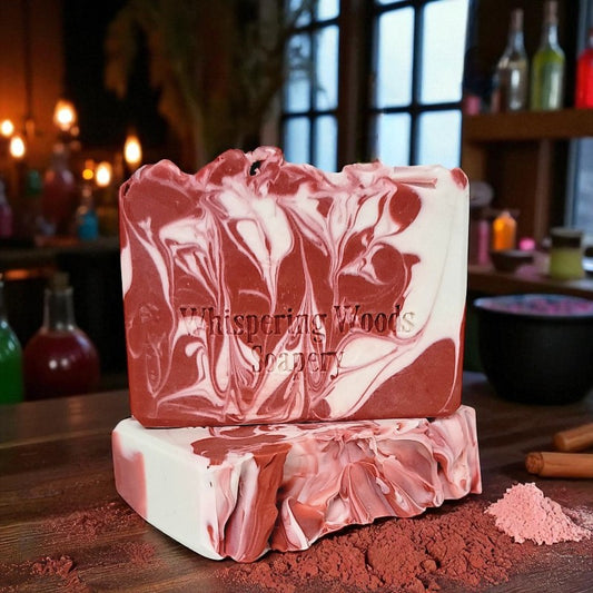 Marbled red and white soap with 'Whispering Woods' branding on a wooden surface