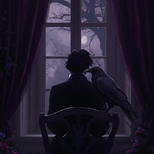A man sits in front of a window looking at bare trees and a moon. There is a raven perched on the chair. The scene is done in shades of purple.